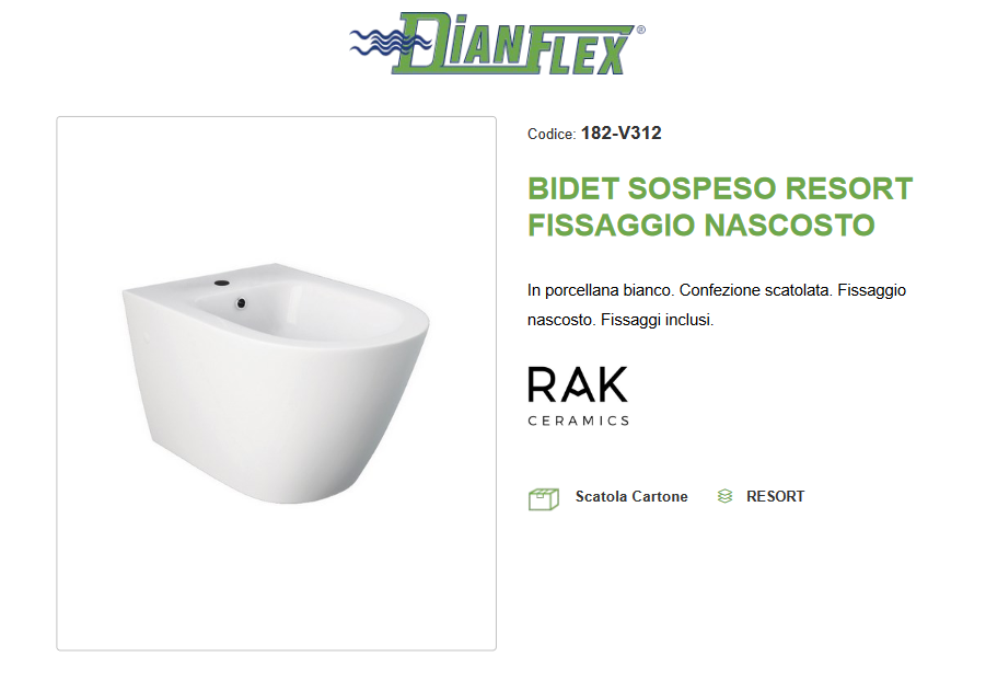 Bidet sospeso fissaggio nascosto erogazione rubinetto Rak Resort