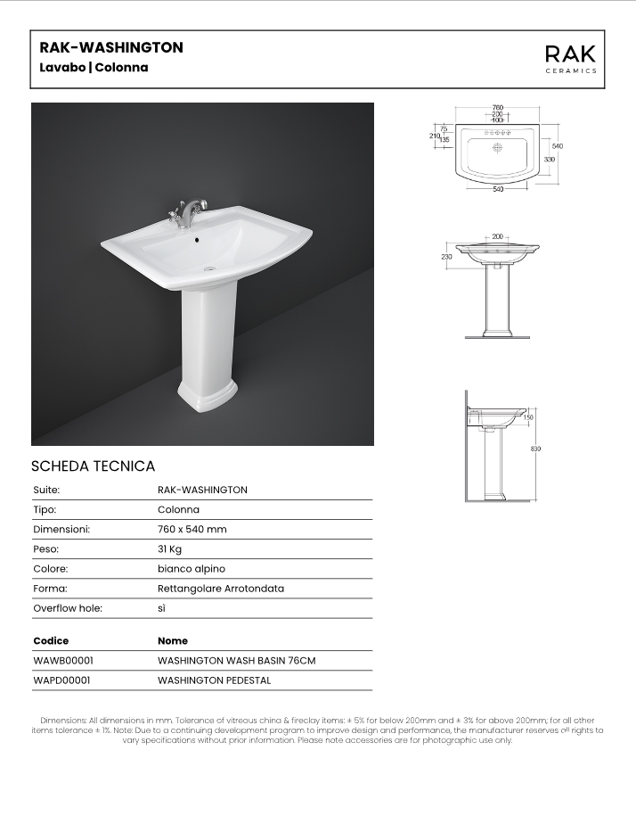 Lavabo L. 75 cm Rak Washington