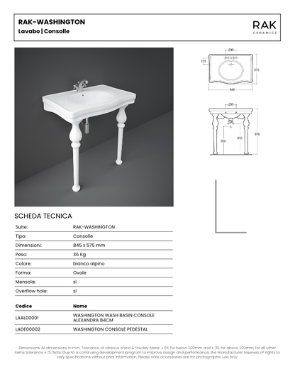 Lavabo consolle L. 84 cm Rak Washington