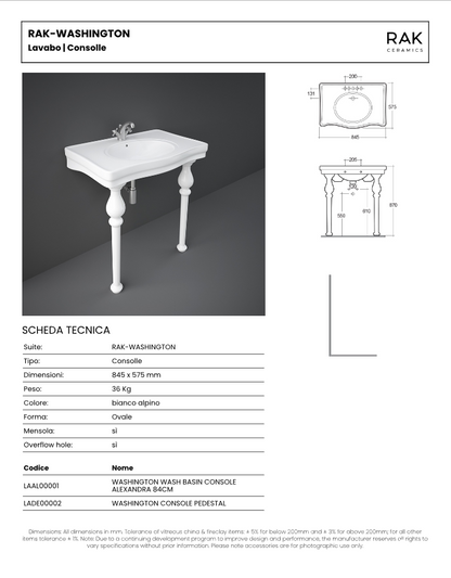 Gambe per lavabo consolle Rak Washington