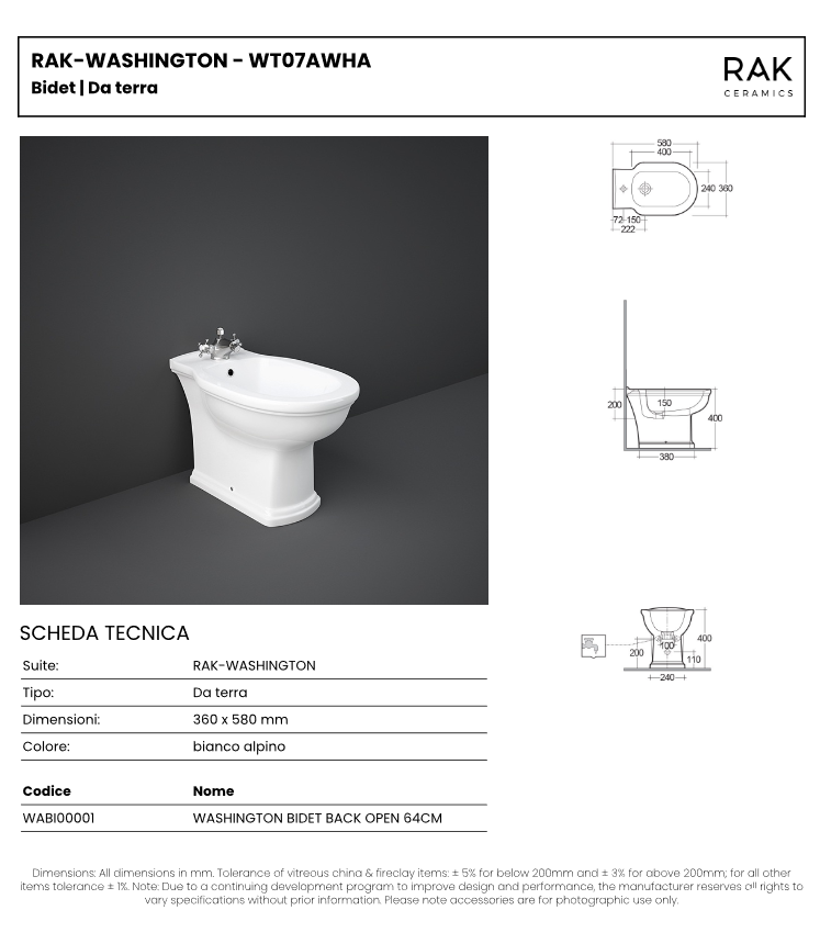 Bidet erogazione rubinetto Rak Washington