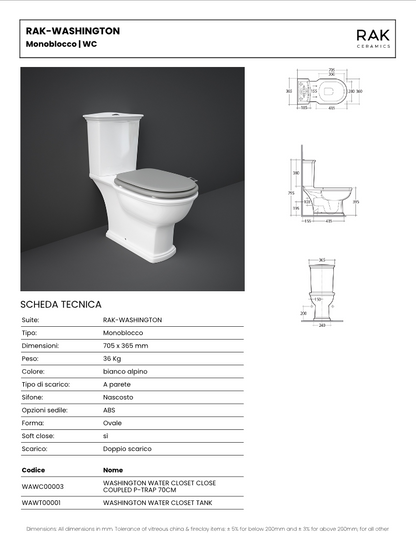 Vaso monoblocco scarico a muro Rak Washington