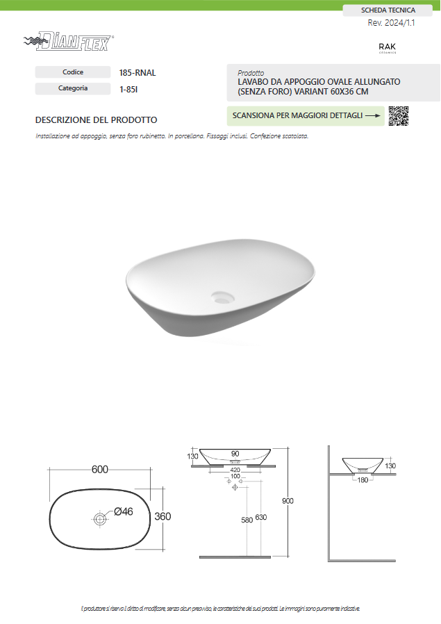 Lavabo da appoggio ovale allungato (senza foro) 60x36 bianco Rak Variant