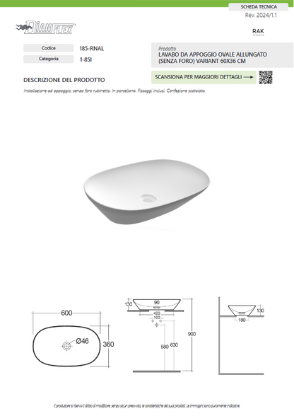 Lavabo da appoggio ovale allungato (senza foro) 60x36 bianco Rak Variant