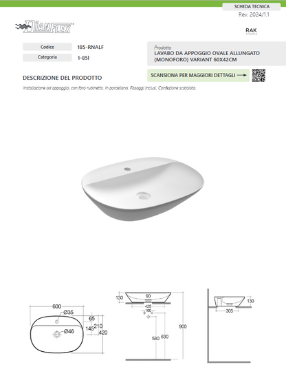 Lavabo da appoggio ovale allungato (monoforo) 60x42 bianco Rak Variant