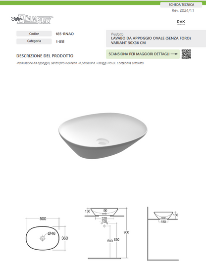 Lavabo da appoggio ovale (senza foro) 50x36 bianco Rak Variant