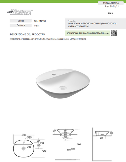 Lavabo da appoggio ovale (monoforo) 50x42 bianco Rak Variant