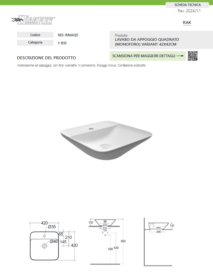 Lavabo da appoggio quadrato (monoforo) 42x42 bianco Rak Variant