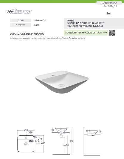 Lavabo da appoggio quadrato (monoforo) 42x42 bianco Rak Variant