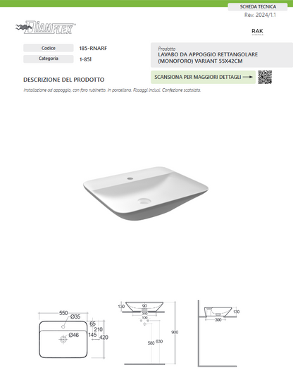 Lavabo da appoggio rettangolare (monoforo) 55x42 Bianco Rak Variant