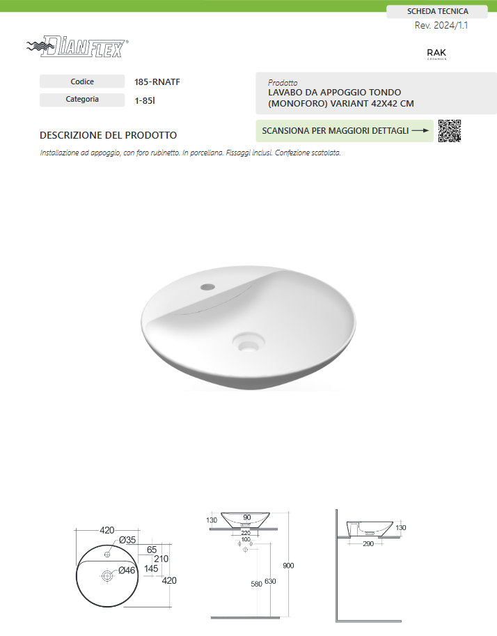 Lavabo da appoggio tondo (monoforo) 42x42 bianco Rak Variant