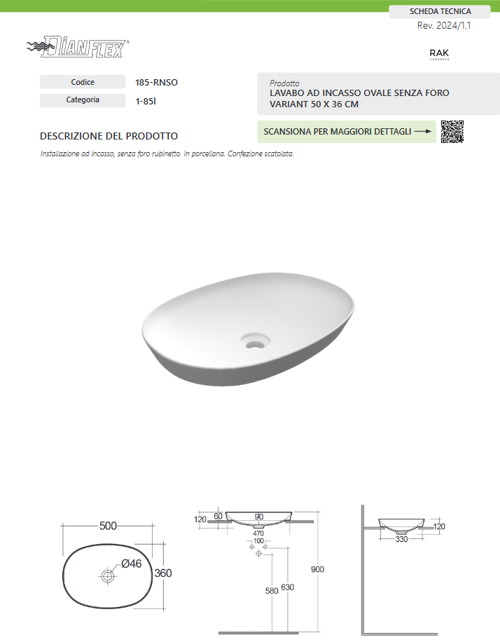 Lavabo ad incasso ovale senza foro 50x36 bianco