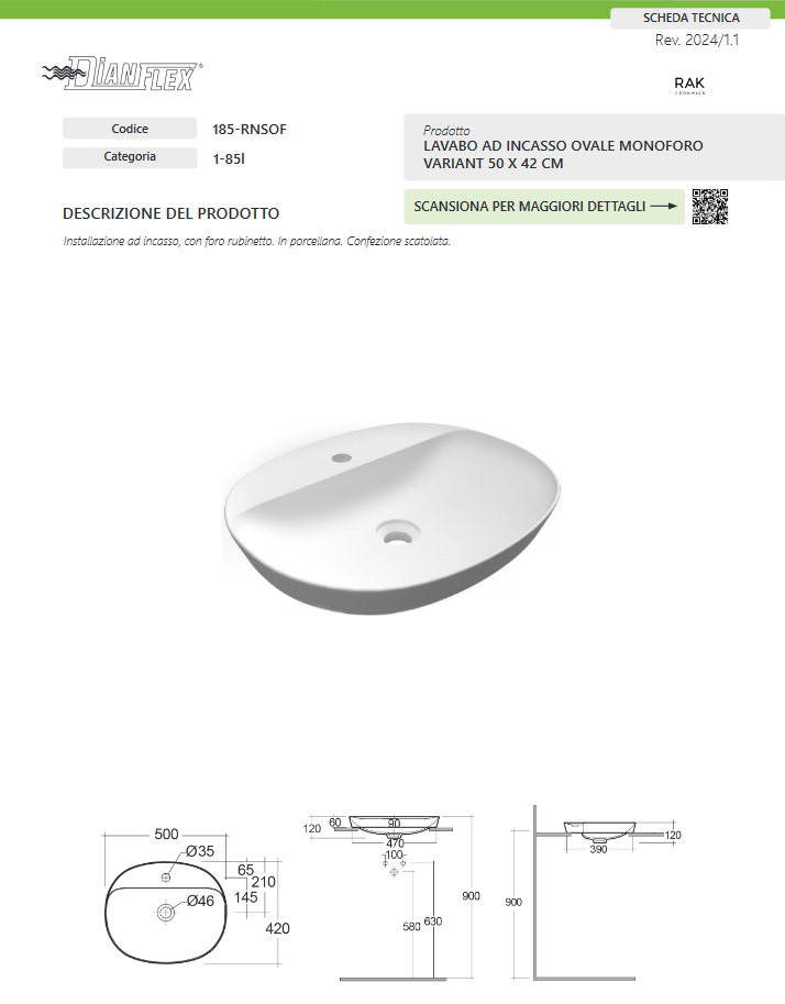 Lavabo ad incasso ovale monoforo 50x42 bianco Rak Variant