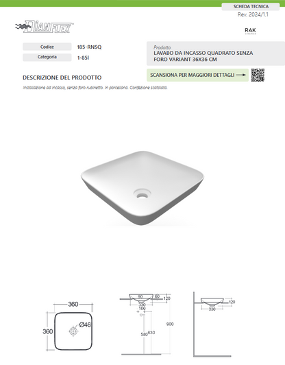 Lavabo da incasso quadrato senza foro 36x36 bianco Rak Variant