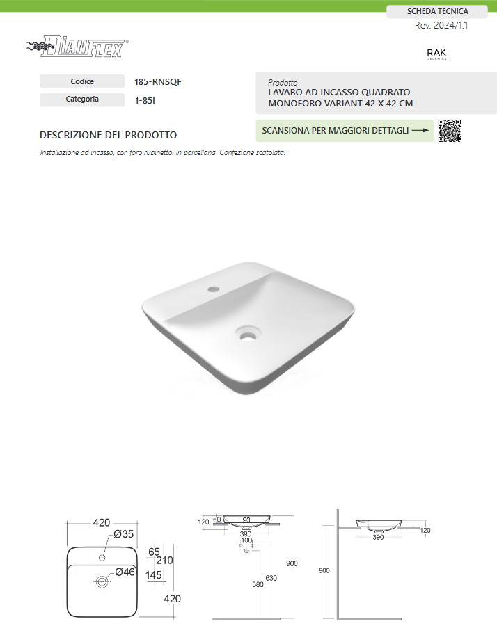 Lavabo ad incasso quadrato monoforo 42x42 bianco Rak Variant