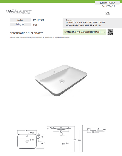 Lavabo ad incasso rettangolare monoforo 55x42 bianco Rak Variant