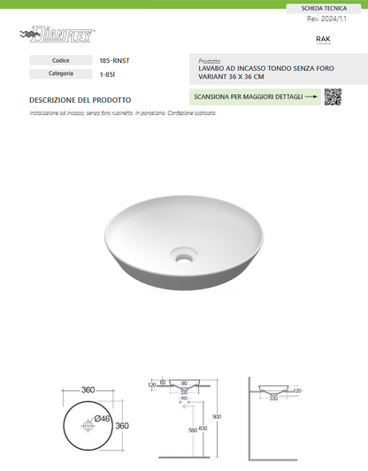 Lavabo ad incasso tondo senza foro 36x36 bianco Rak Variant