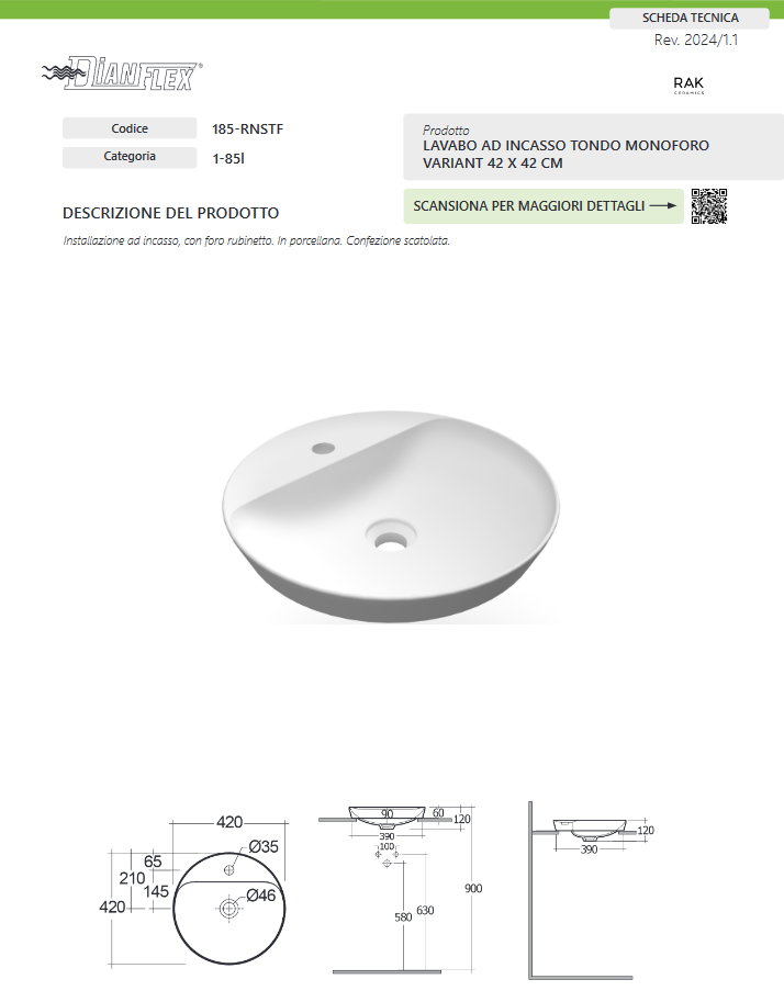 Lavabo ad incasso tondo monoforo 42x42 bianco Rak Variant