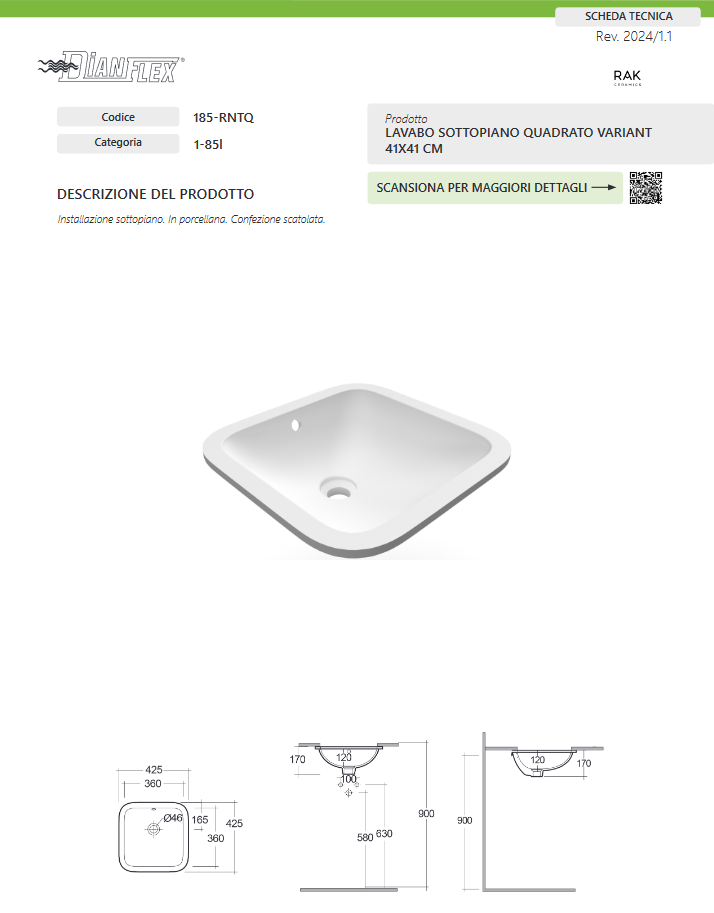 Lavabo sottopiano quadrato 41x41 bianco Rak Variant