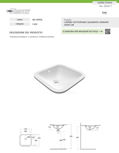 Lavabo sottopiano quadrato 41x41 bianco Rak Variant