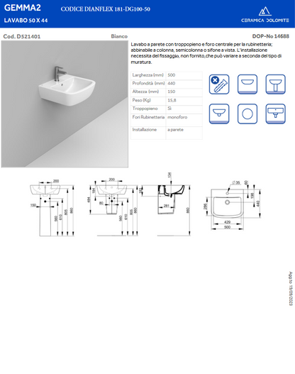 Lavabo monoforo L. 50 Dolomite Gemma 2