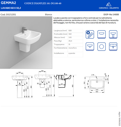 Lavabo monoforo L. 60 cm Dolomite Gemma 2