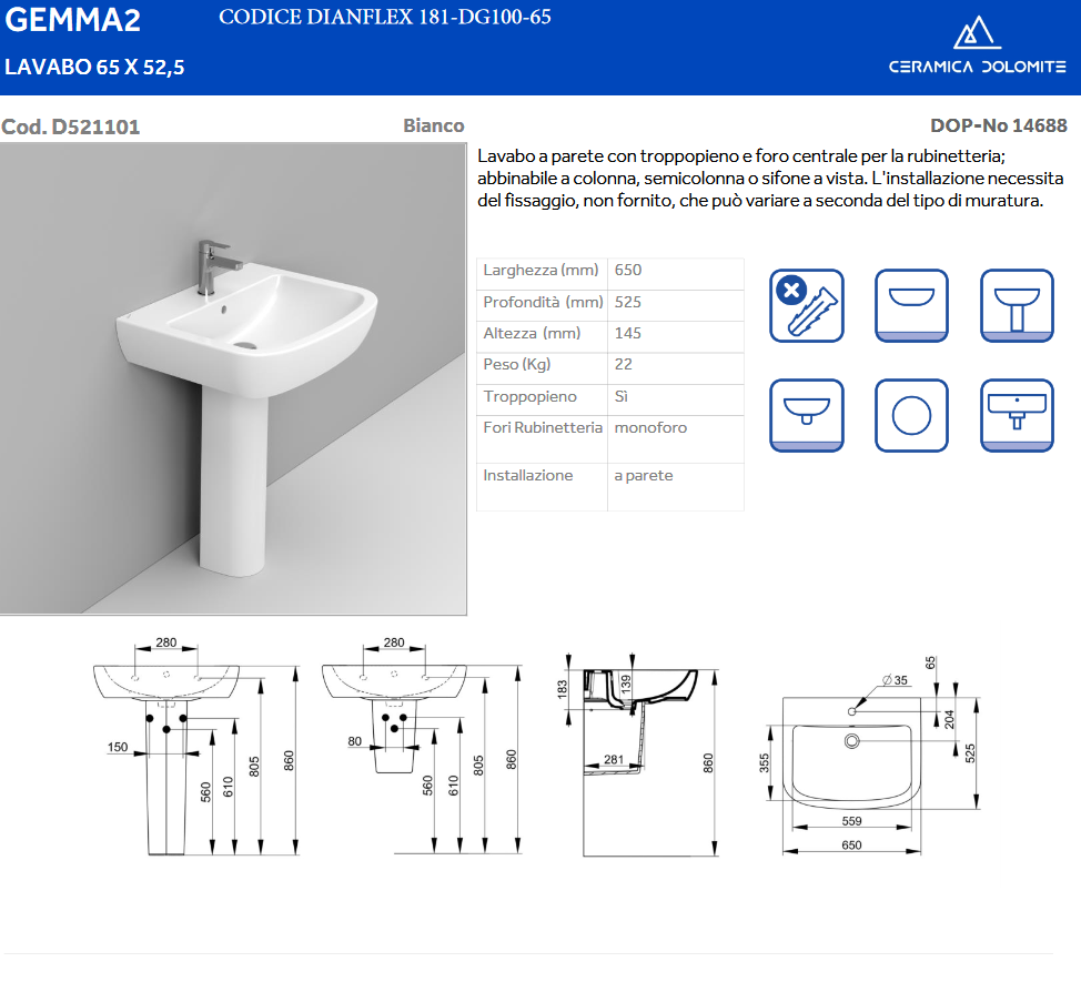 Lavabo monoforo L. 65 cm Dolomite Gemma 2