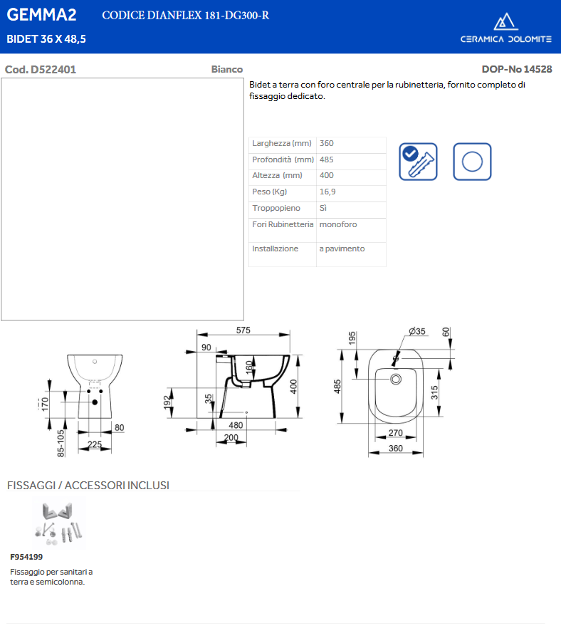 Bidet erogazione rubinetto Dolomite Gemma 2