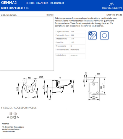 Bidet sospeso erogazione rubinetto Dolomite Gemma 2