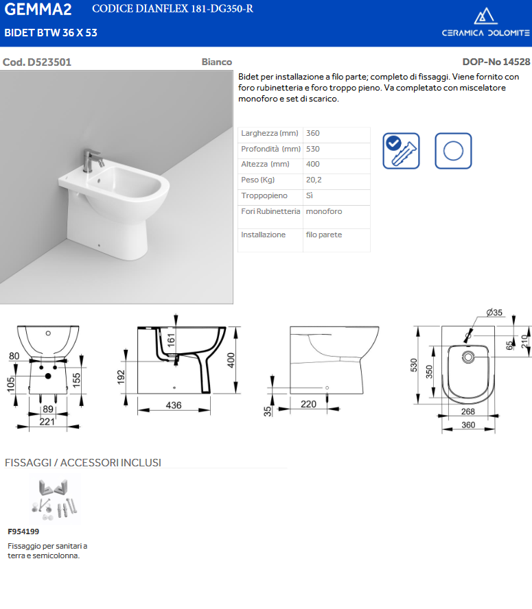 Bidet filo muro BTW erogazione rubinetto Dolomite Gemma 2