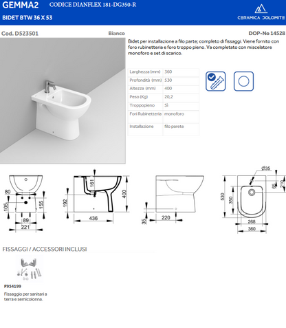 Bidet filo muro BTW erogazione rubinetto Dolomite Gemma 2