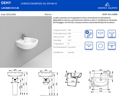 Lavabo sospeso monoforo L.55 cm Dolomite Demy