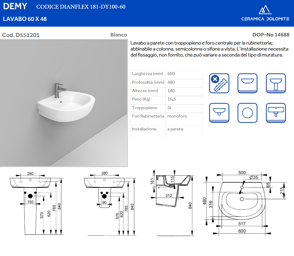 Lavabo sospeso monoforo L.60 cm Dolomite Demy