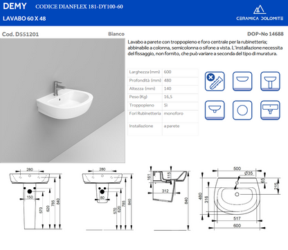 Lavabo sospeso monoforo L.60 cm Dolomite Demy