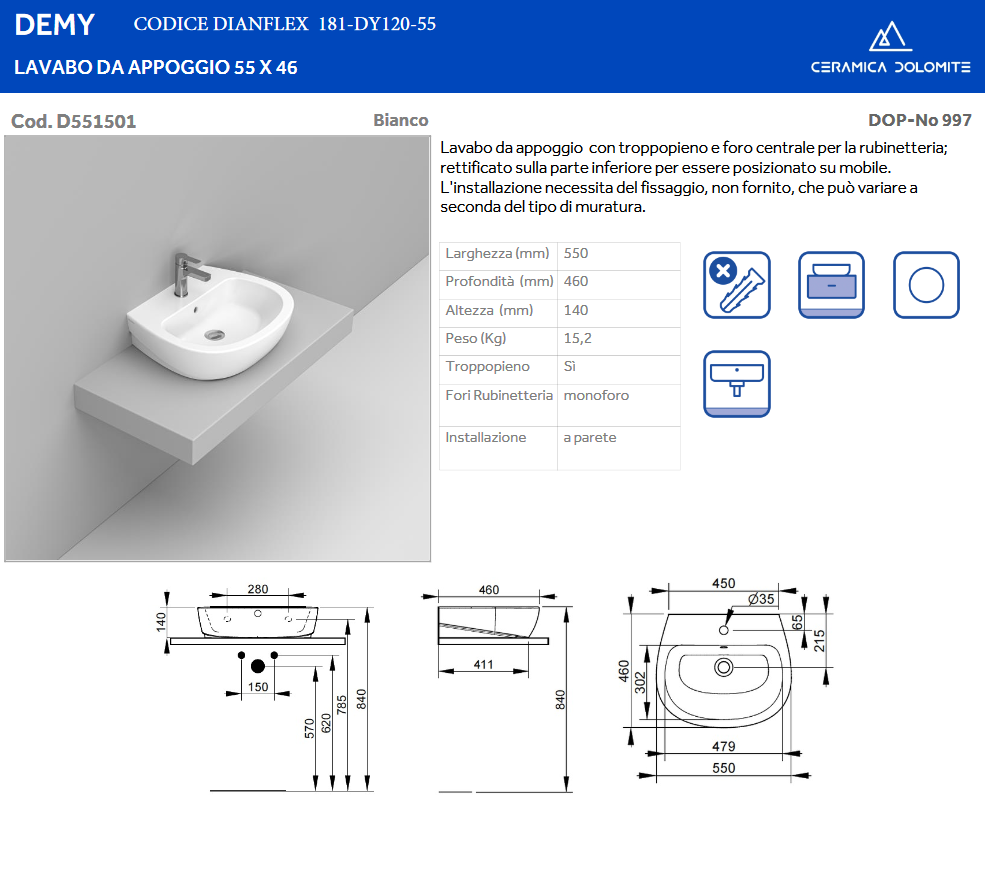 Lavabo da appoggio monoforo L.55 cm Dolomite Demy