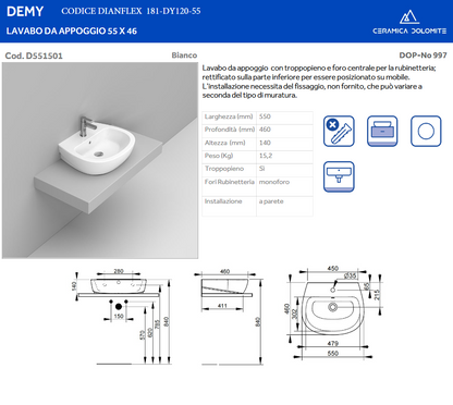 Lavabo da appoggio monoforo L.55 cm Dolomite Demy