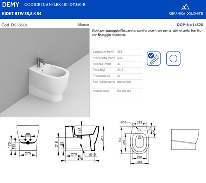 Bidet filo muro erogazione rubinetto Dolomite Demy