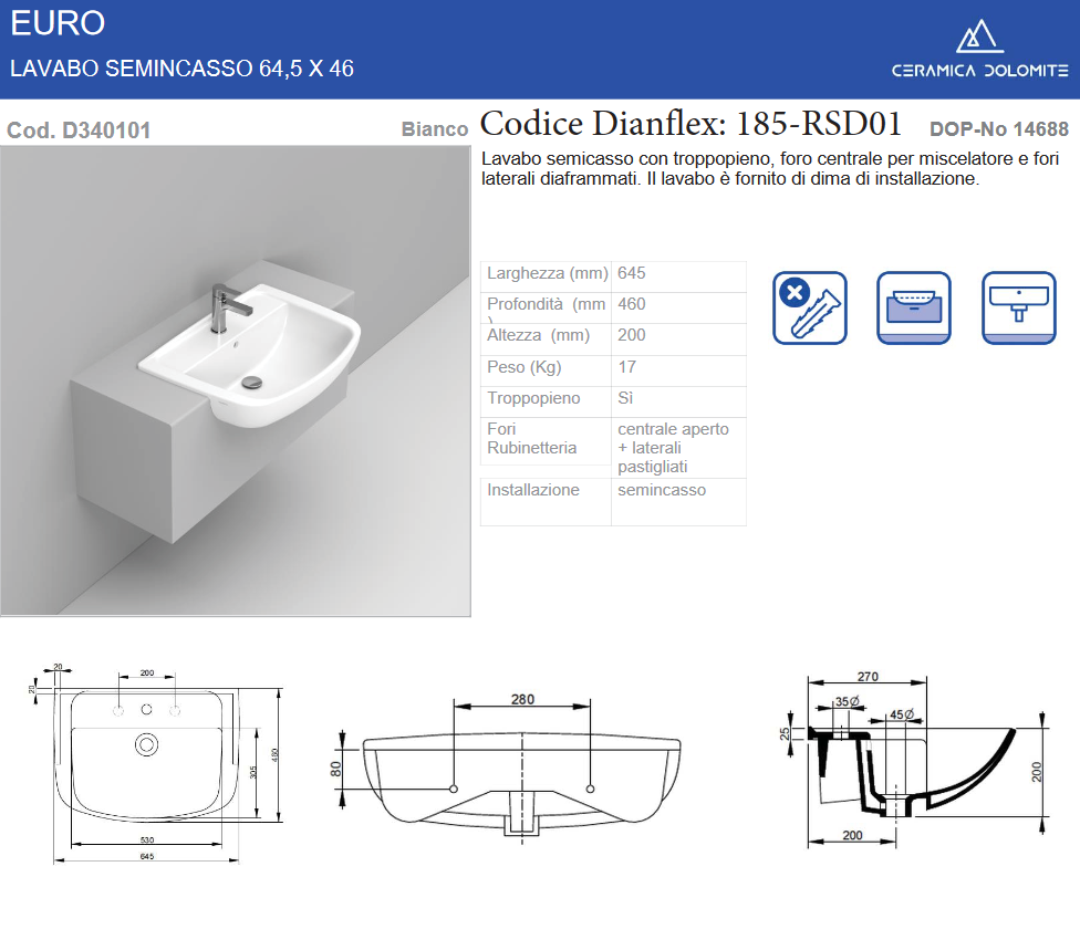 Lavabo semincasso 65x48 cm Dolomite Euro