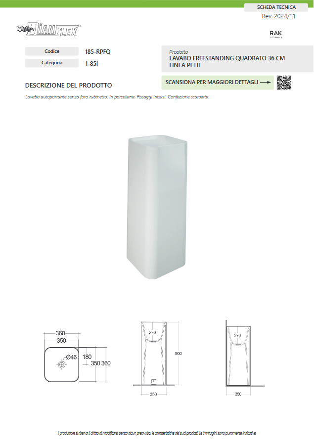 Lavabo freestanding quadrato 36 cm bianco Rak Petit