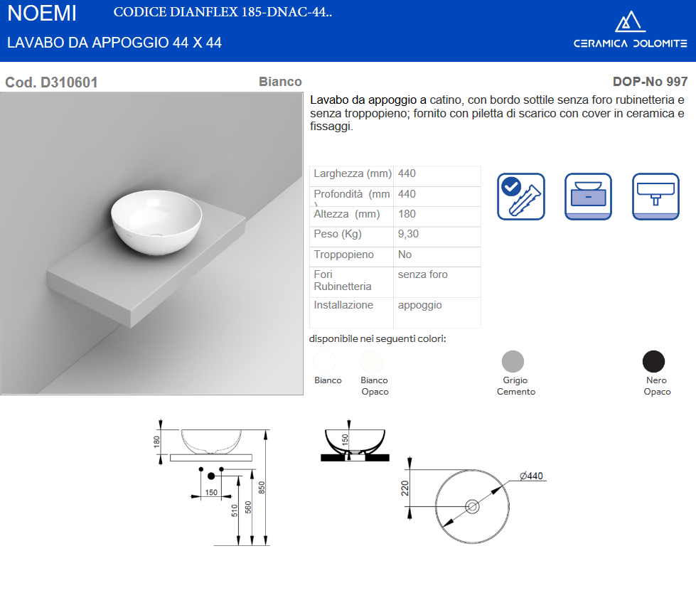 Lavabo da appoggio a ciotola diam 44 cm bianco Dolomite Noemi