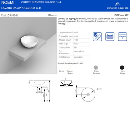 Lavabo da appoggio a ciotola diam 44 cm bianco Dolomite Noemi