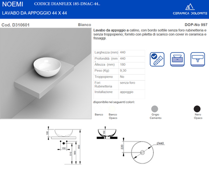 Lavabo da appoggio a ciotola diam 44 cm bianco opaco Dolomite Noemi