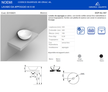 Lavabo da appoggio a ciotola diam 44 cm nero opaco Dolomite Noemi