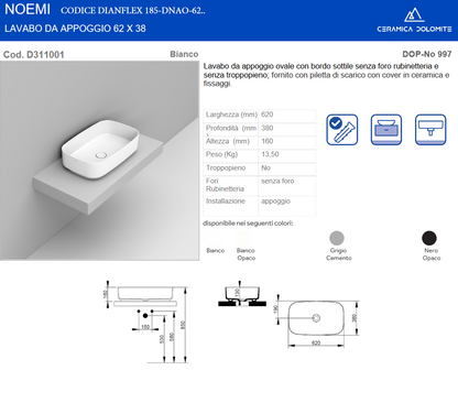 Lavabo da appoggio ovale 62x38 bianco opaco Dolomite Noemi