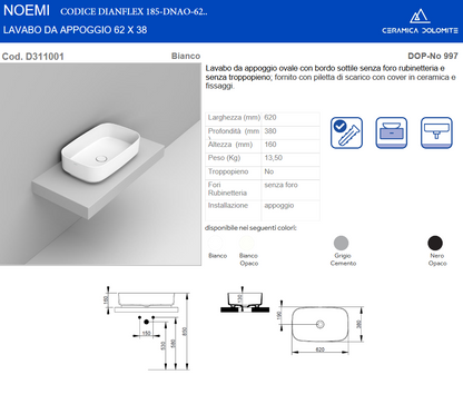 Lavabo da appoggio ovale 62x38 cm bianco opaco Dolomite Noemi