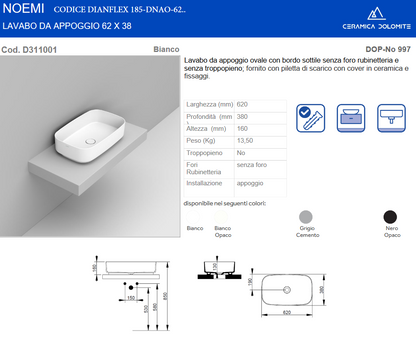 Lavabo da appoggio ovale 62x38 cm nero opaco Dolomite Noemi