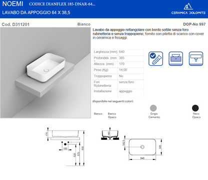 Lavabo da appoggio rettangolare 64x38 cm bianco Dolomite Noemi
