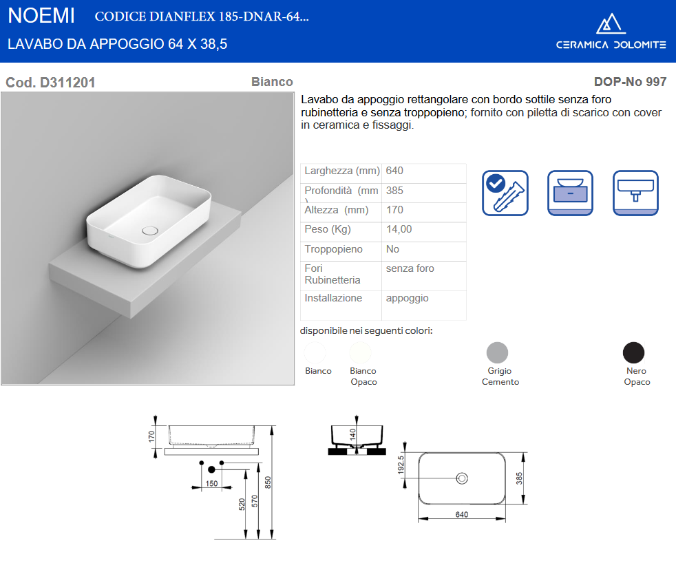 Lavabo da appoggio rettangolare 64x38 cm bianco opaco Dolomite Noemi