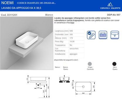 Lavabo da appoggio rettangolare 64x38 cm bianco opaco Dolomite Noemi