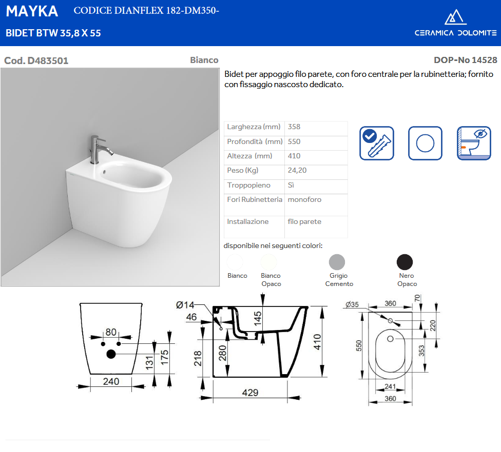 Bidet sospeso grigio cemento Dolomite Mayka